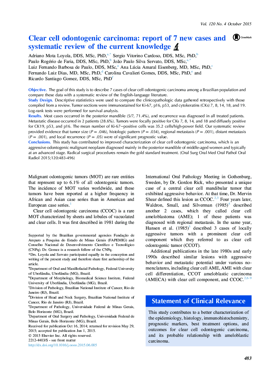 Clear cell odontogenic carcinoma: report of 7 new cases and systematic review of the current knowledge 