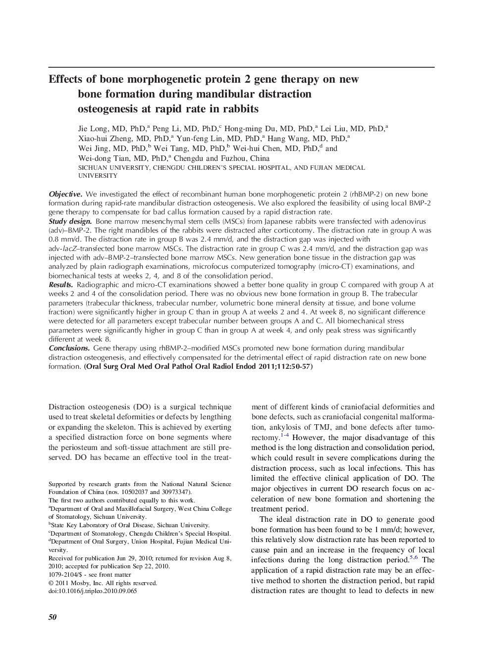 Effects of bone morphogenetic protein 2 gene therapy on new bone formation during mandibular distraction osteogenesis at rapid rate in rabbits 