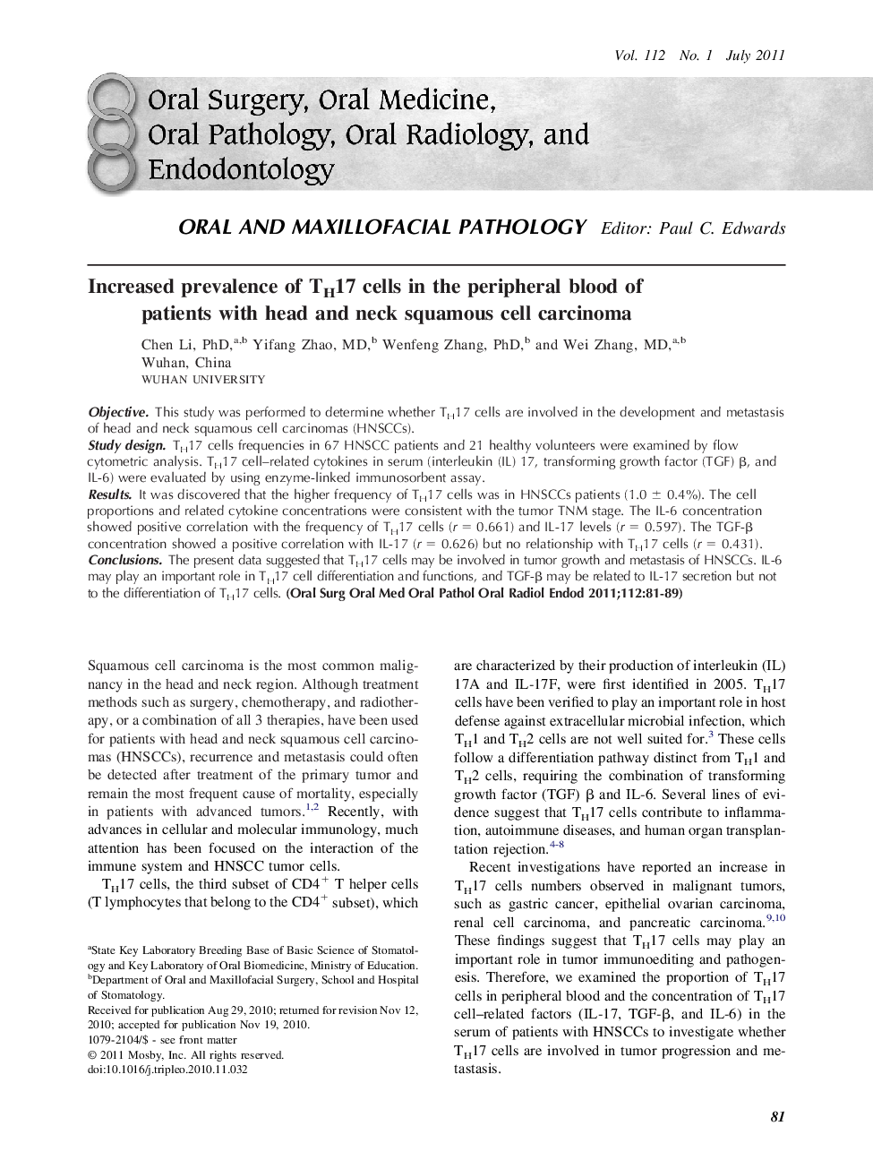 Increased prevalence of TH17 cells in the peripheral blood of patients with head and neck squamous cell carcinoma