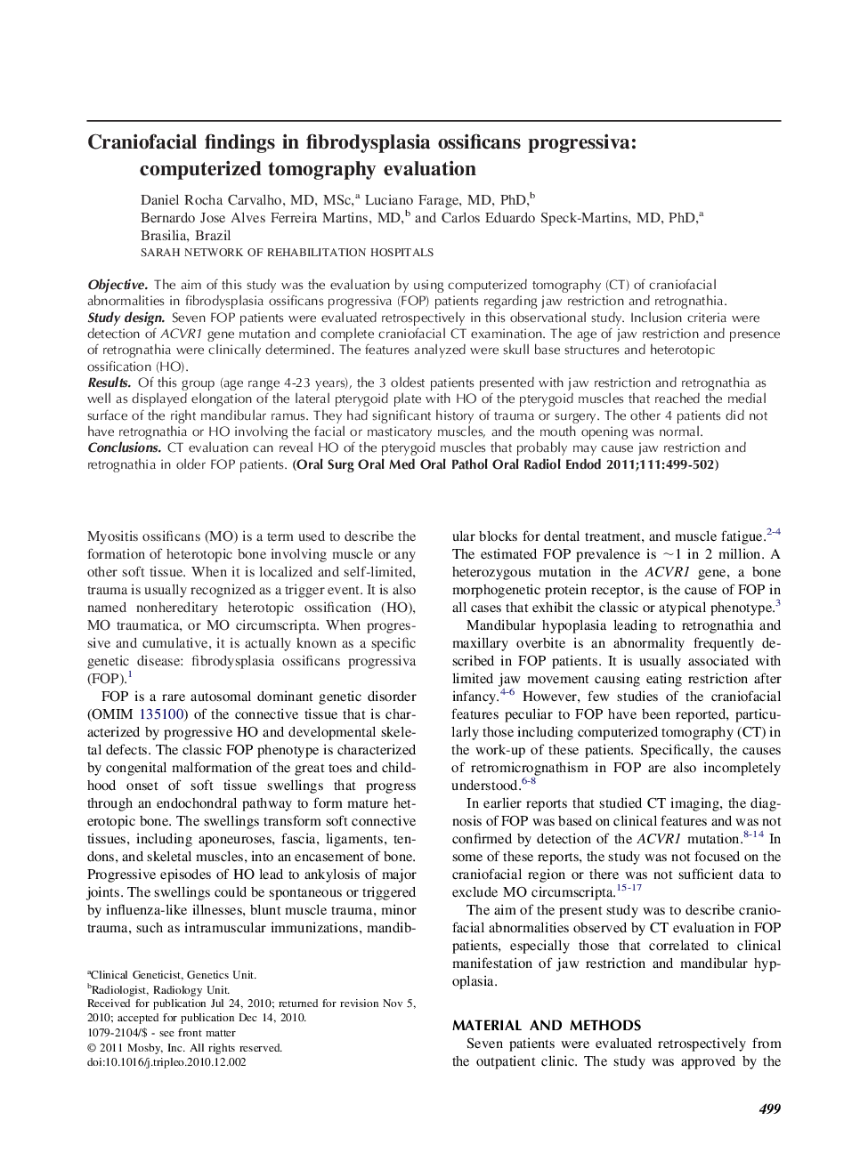 Craniofacial findings in fibrodysplasia ossificans progressiva: computerized tomography evaluation