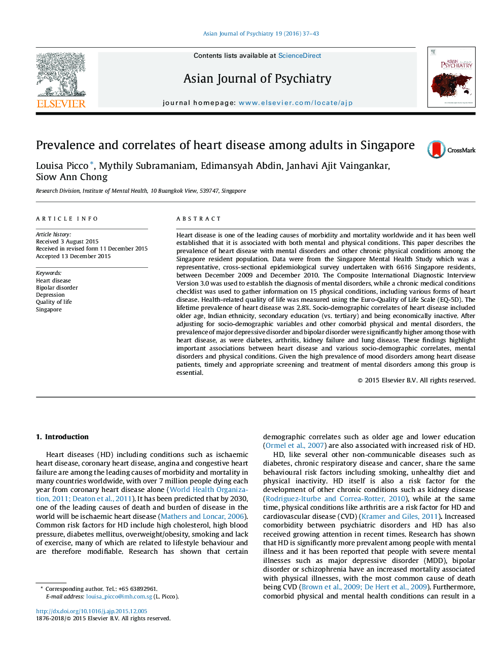 شیوع و عوامل مرتبط با بیماری های قلبی در بزرگسالان در سنگاپور