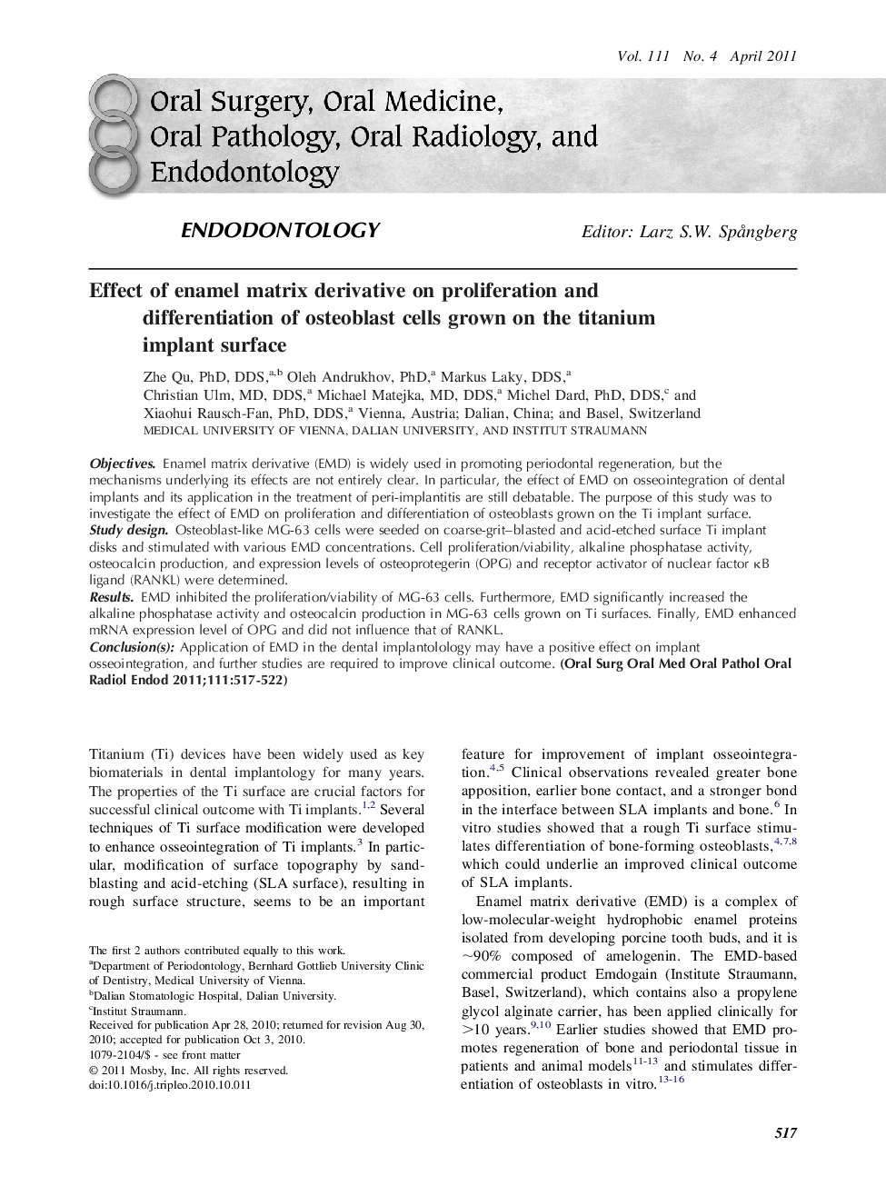 Effect of enamel matrix derivative on proliferation and differentiation of osteoblast cells grown on the titanium implant surface 