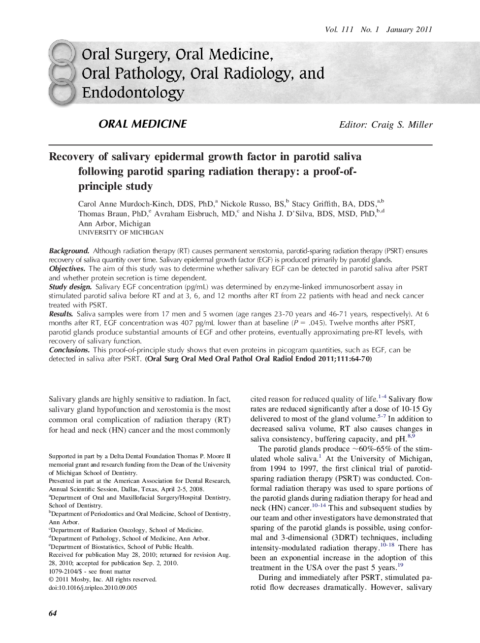 Recovery of salivary epidermal growth factor in parotid saliva following parotid sparing radiation therapy: a proof-of-principle study 