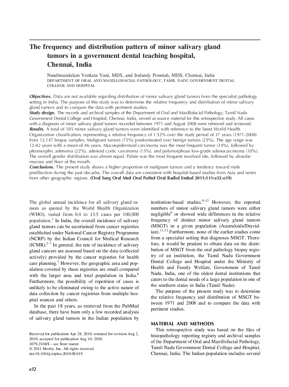 The frequency and distribution pattern of minor salivary gland tumors in a government dental teaching hospital, Chennai, India