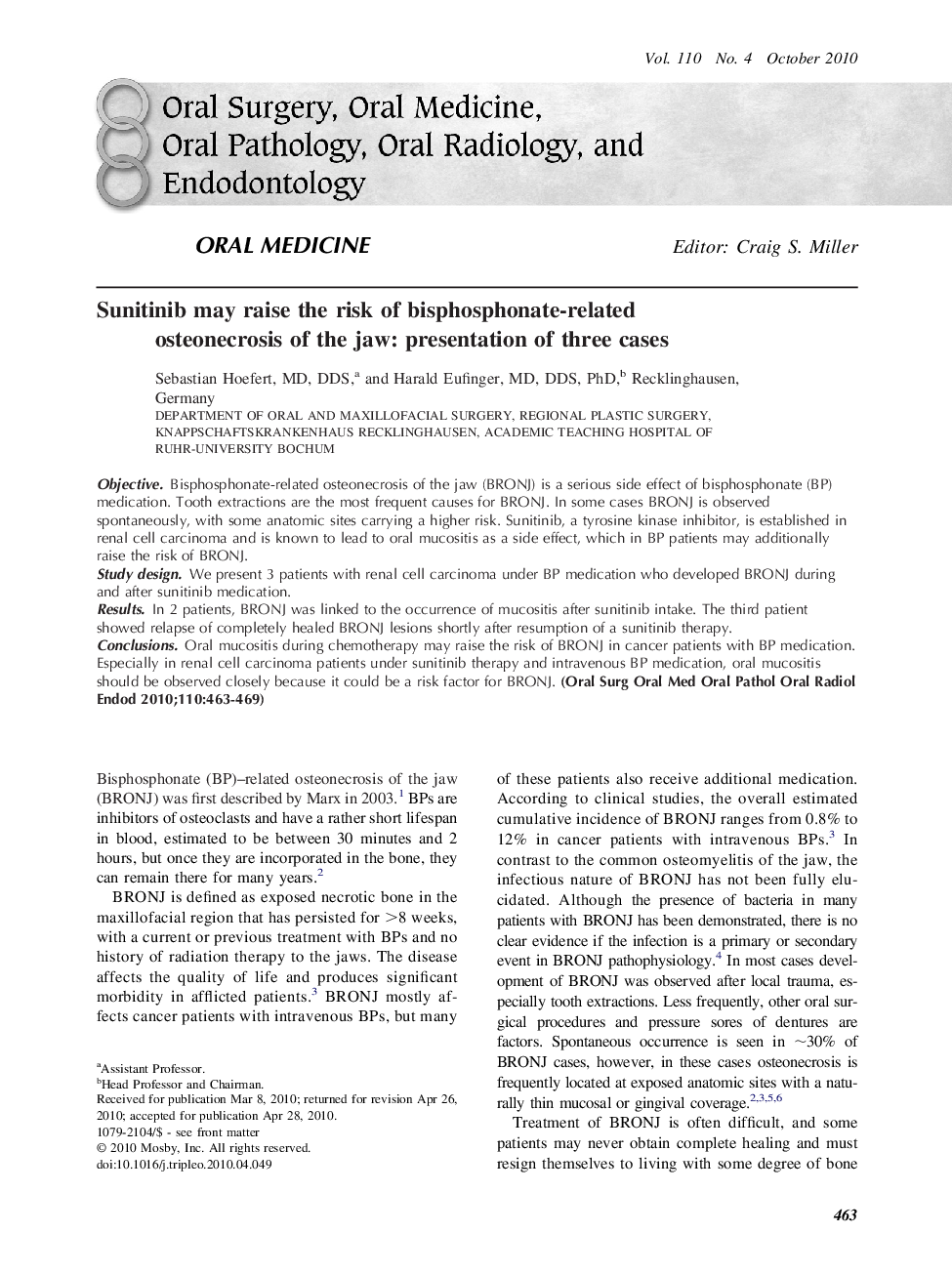 Sunitinib may raise the risk of bisphosphonate-related osteonecrosis of the jaw: presentation of three cases