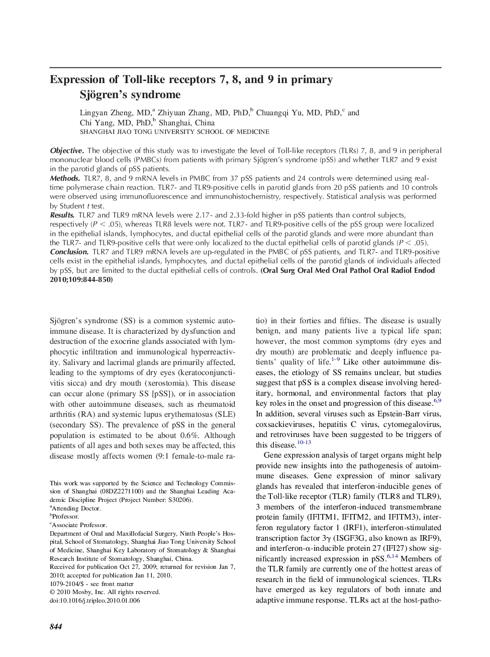 Expression of Toll-like receptors 7, 8, and 9 in primary Sjögren's syndrome 