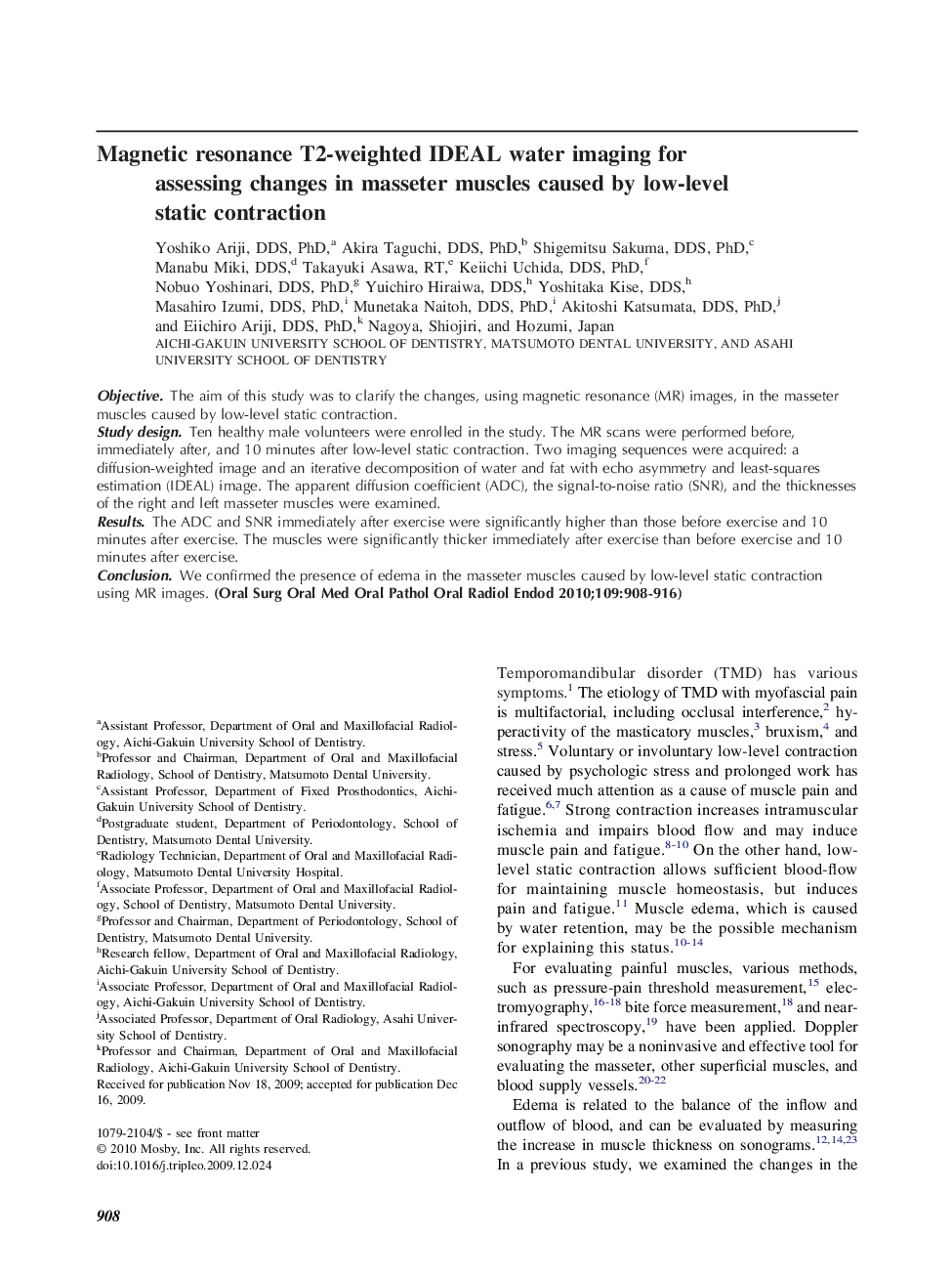 Magnetic resonance T2-weighted IDEAL water imaging for assessing changes in masseter muscles caused by low-level static contraction