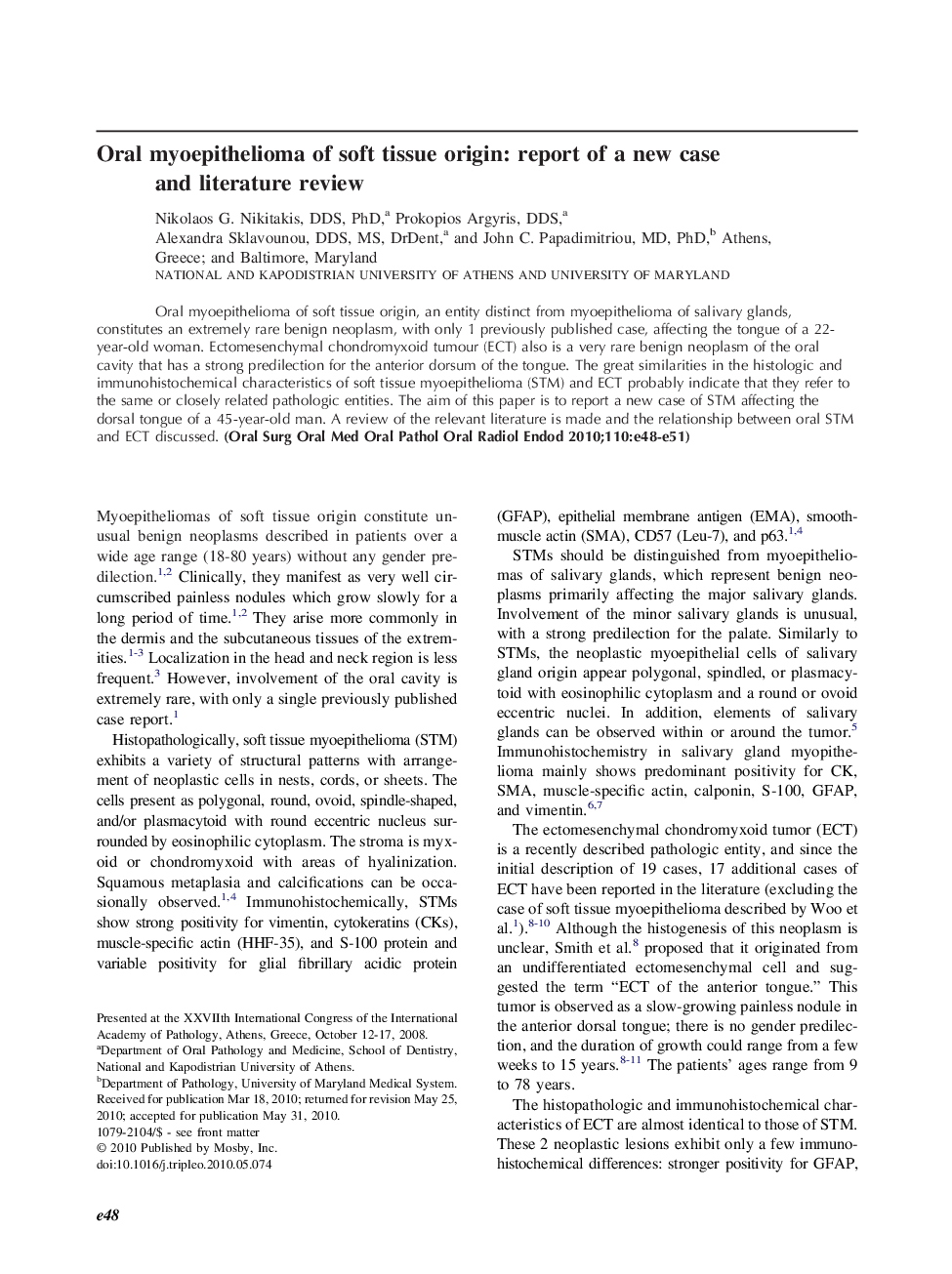 Oral myoepithelioma of soft tissue origin: report of a new case and literature review