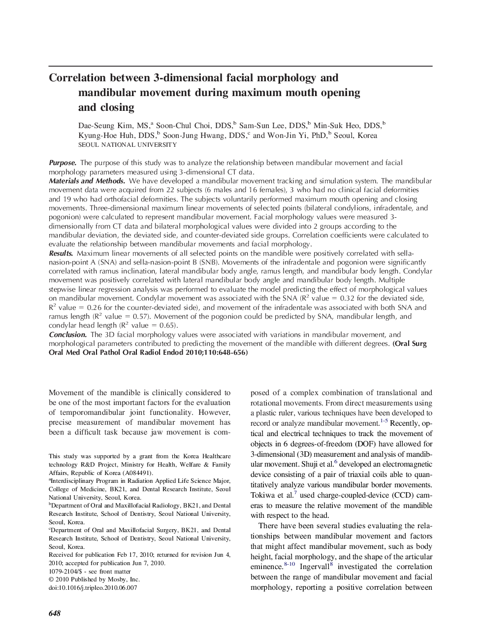 Correlation between 3-dimensional facial morphology and mandibular movement during maximum mouth opening and closing