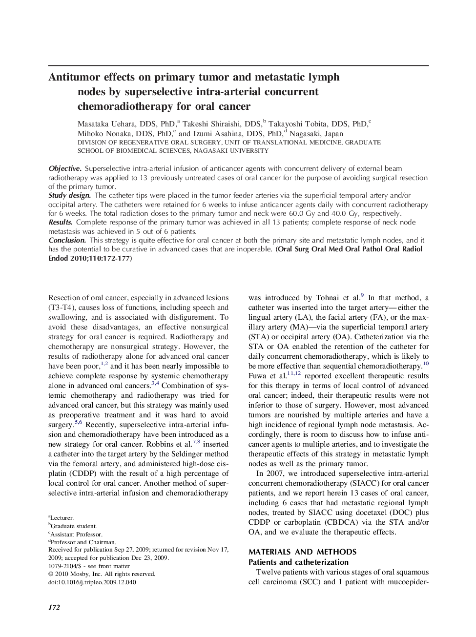 Antitumor effects on primary tumor and metastatic lymph nodes by superselective intra-arterial concurrent chemoradiotherapy for oral cancer