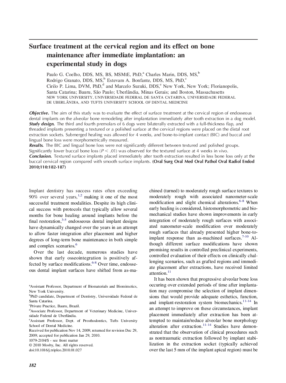 Surface treatment at the cervical region and its effect on bone maintenance after immediate implantation: an experimental study in dogs