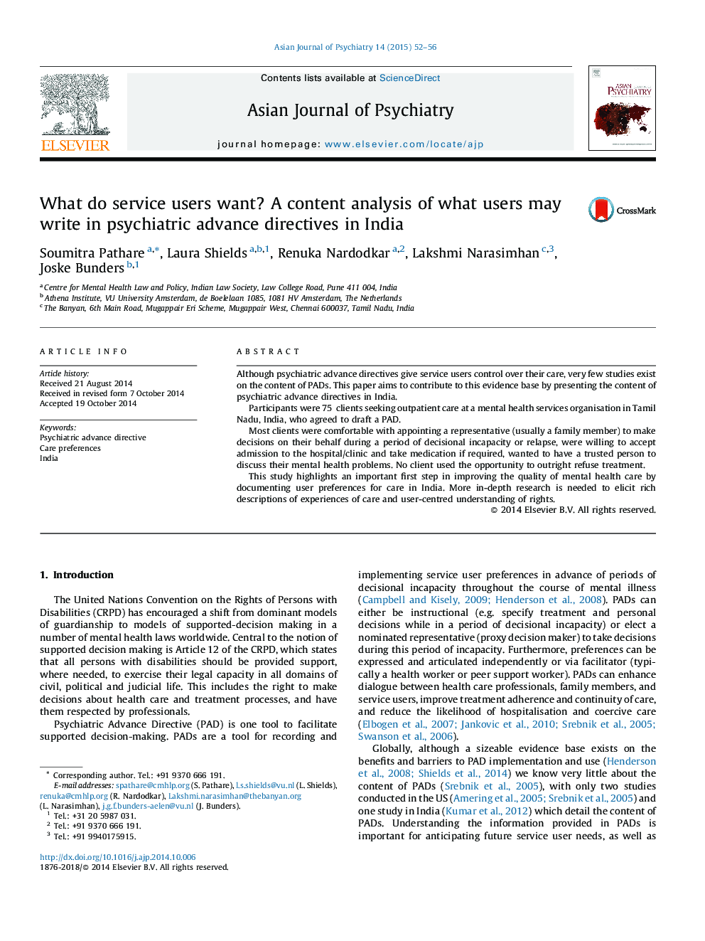 What do service users want? A content analysis of what users may write in psychiatric advance directives in India