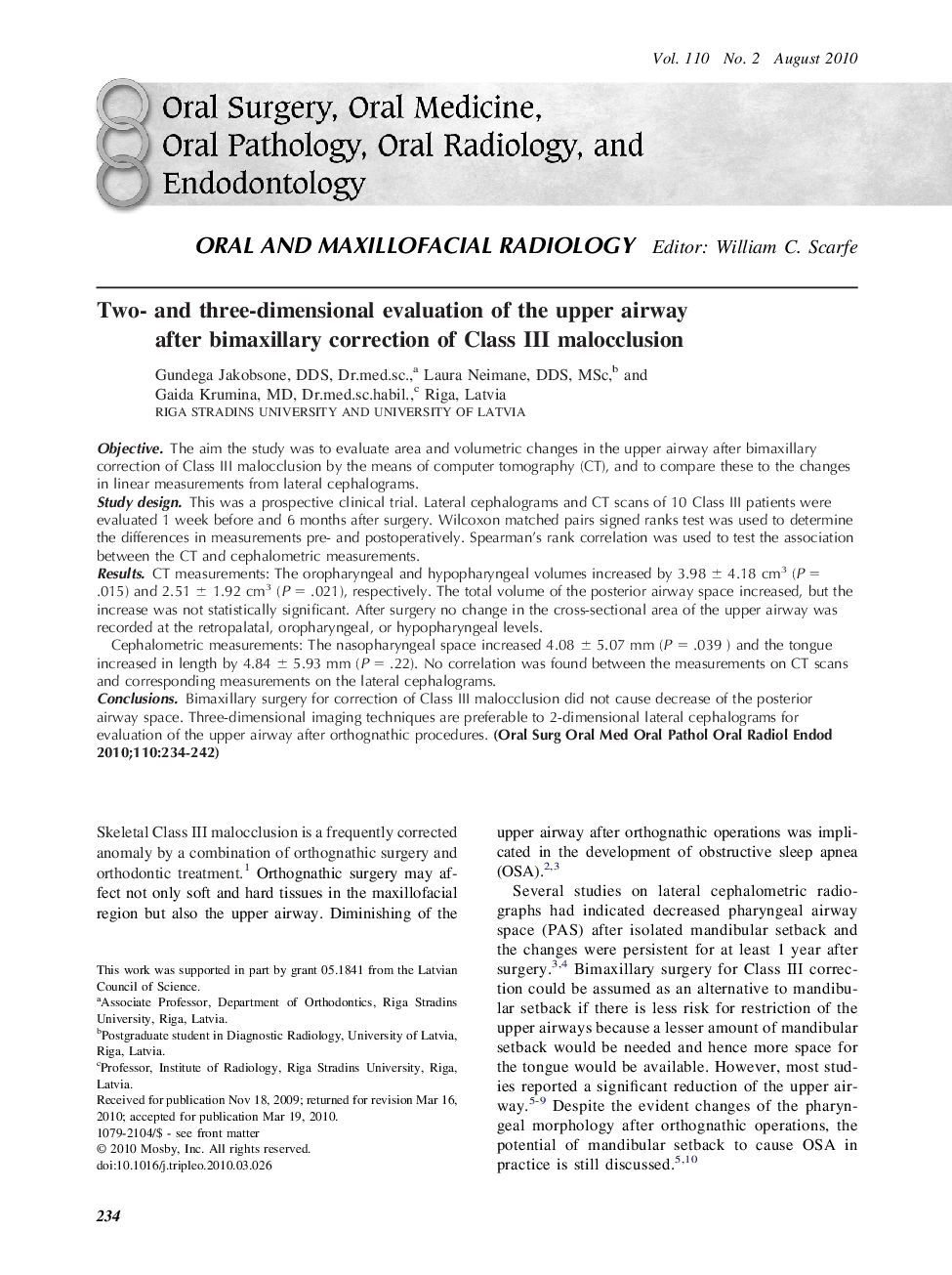 Two- and three-dimensional evaluation of the upper airway after bimaxillary correction of Class III malocclusion 