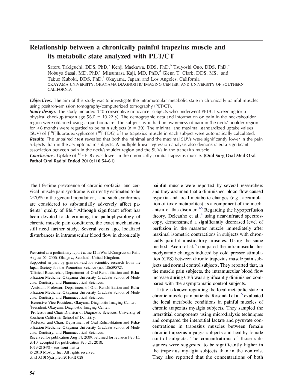 Relationship between a chronically painful trapezius muscle and its metabolic state analyzed with PET/CT