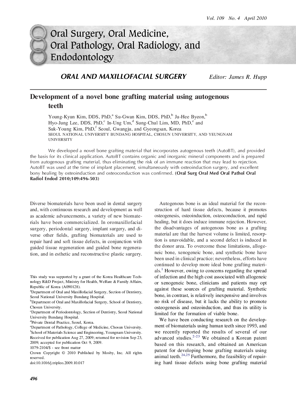 Development of a novel bone grafting material using autogenous teeth 