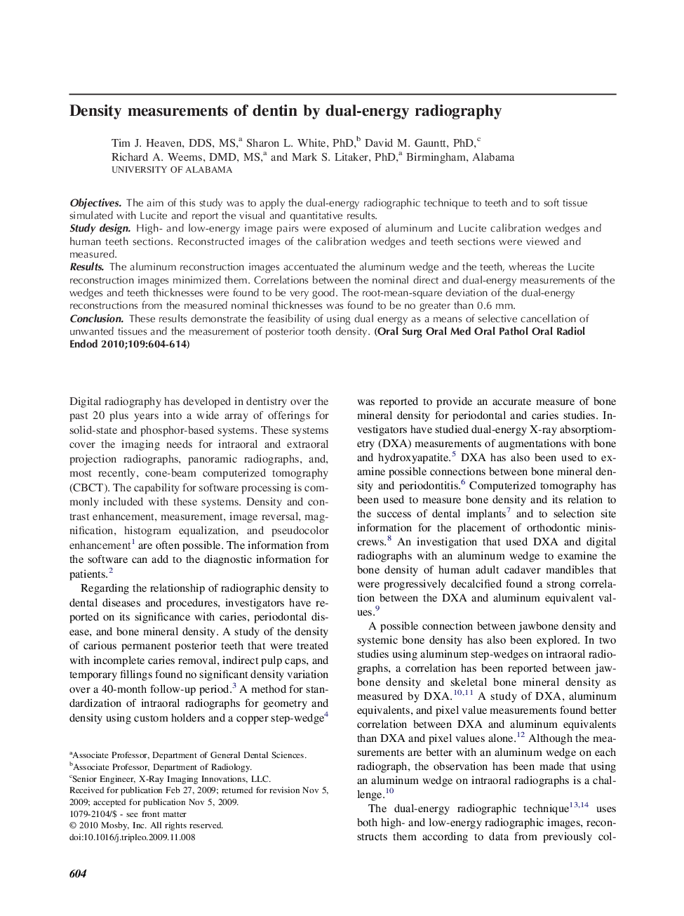 Density measurements of dentin by dual-energy radiography