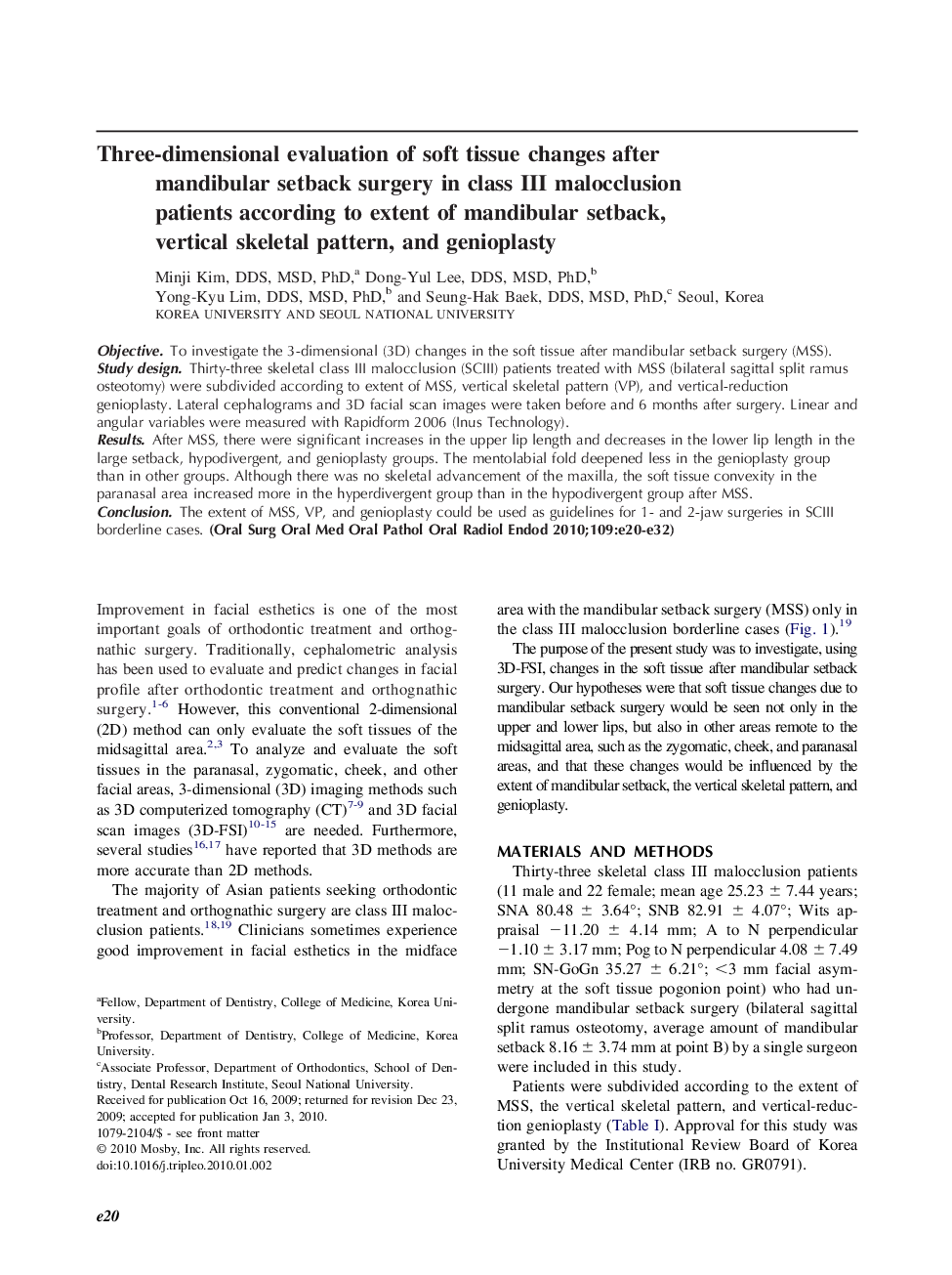 Three-dimensional evaluation of soft tissue changes after mandibular setback surgery in class III malocclusion patients according to extent of mandibular setback, vertical skeletal pattern, and genioplasty