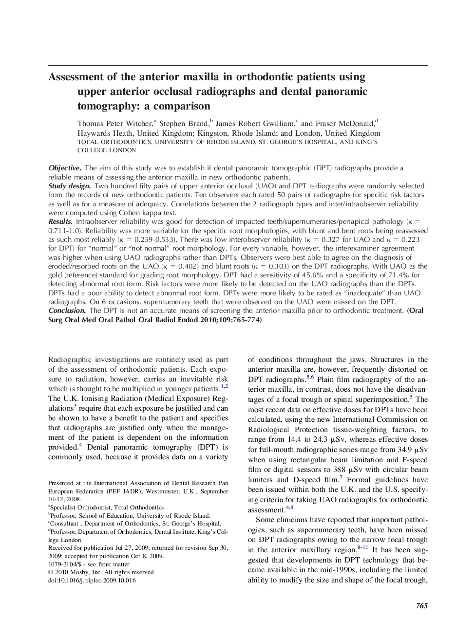 Assessment of the anterior maxilla in orthodontic patients using upper anterior occlusal radiographs and dental panoramic tomography: a comparison