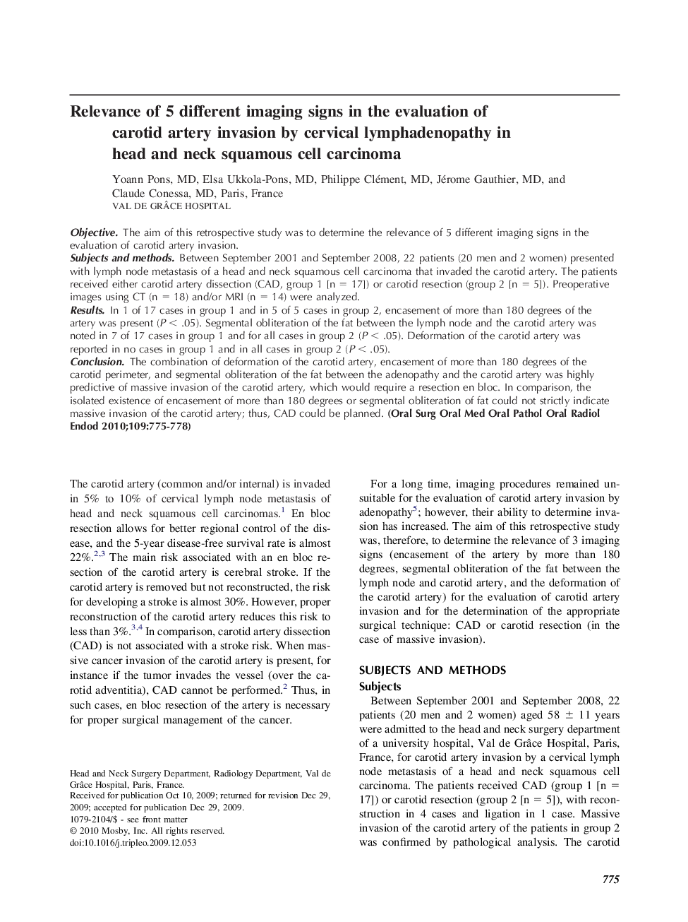 Relevance of 5 different imaging signs in the evaluation of carotid artery invasion by cervical lymphadenopathy in head and neck squamous cell carcinoma