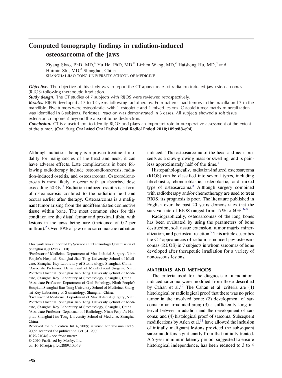 Computed tomography findings in radiation-induced osteosarcoma of the jaws 