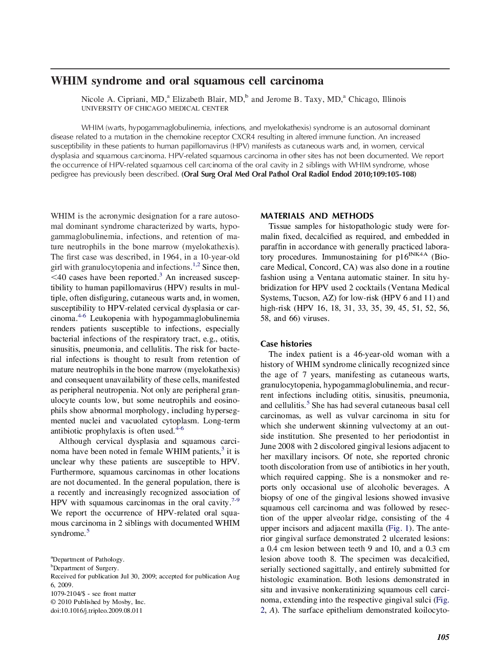 WHIM syndrome and oral squamous cell carcinoma