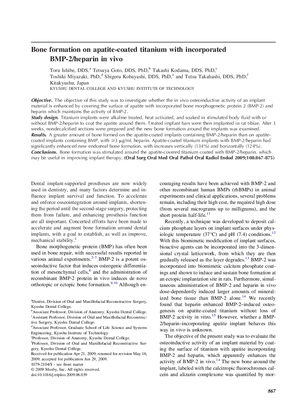 Bone formation on apatite-coated titanium with incorporated BMP-2/heparin in vivo