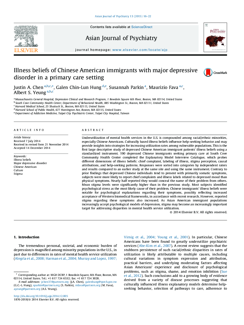 Illness beliefs of Chinese American immigrants with major depressive disorder in a primary care setting