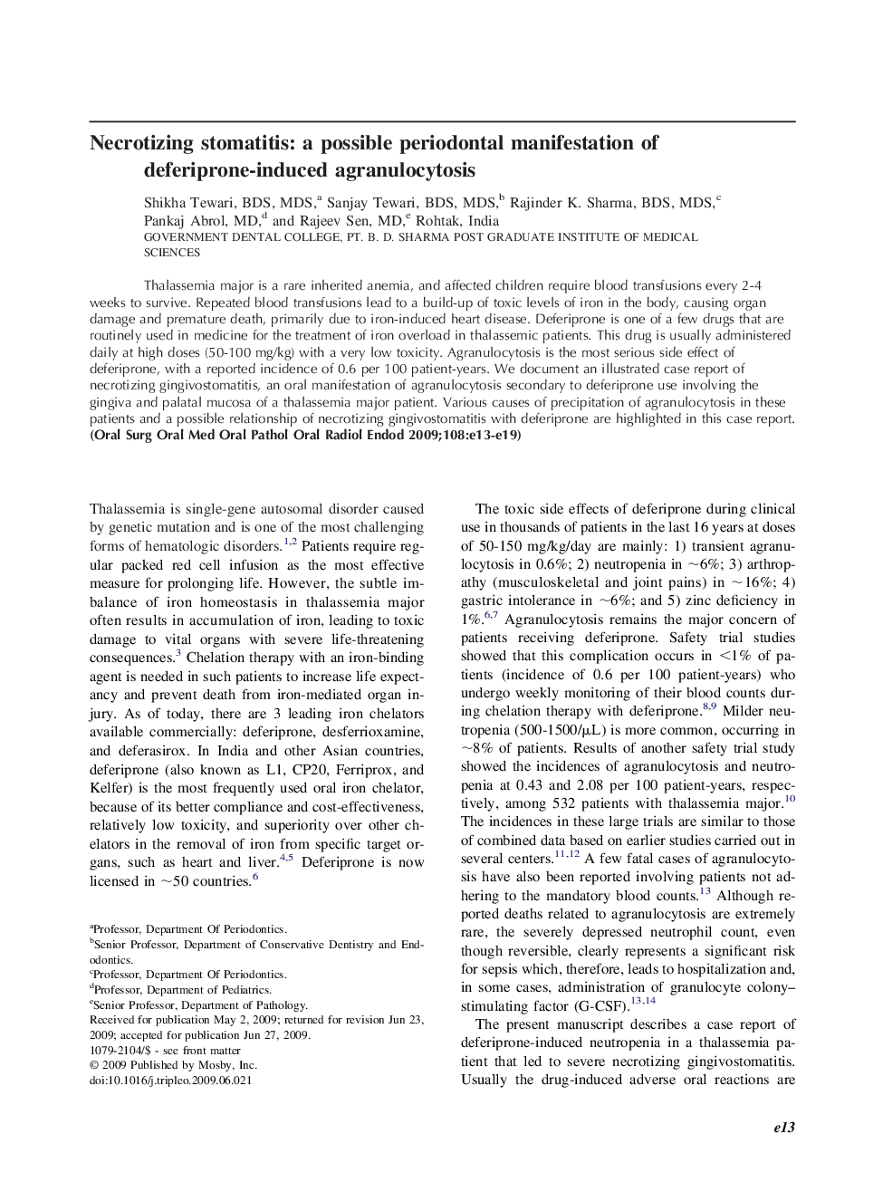 Necrotizing stomatitis: a possible periodontal manifestation of deferiprone-induced agranulocytosis