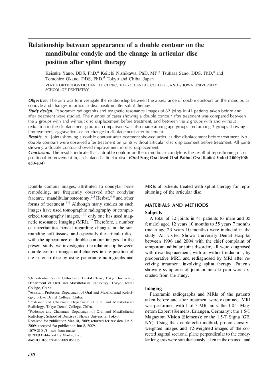 Relationship between appearance of a double contour on the mandibular condyle and the change in articular disc position after splint therapy