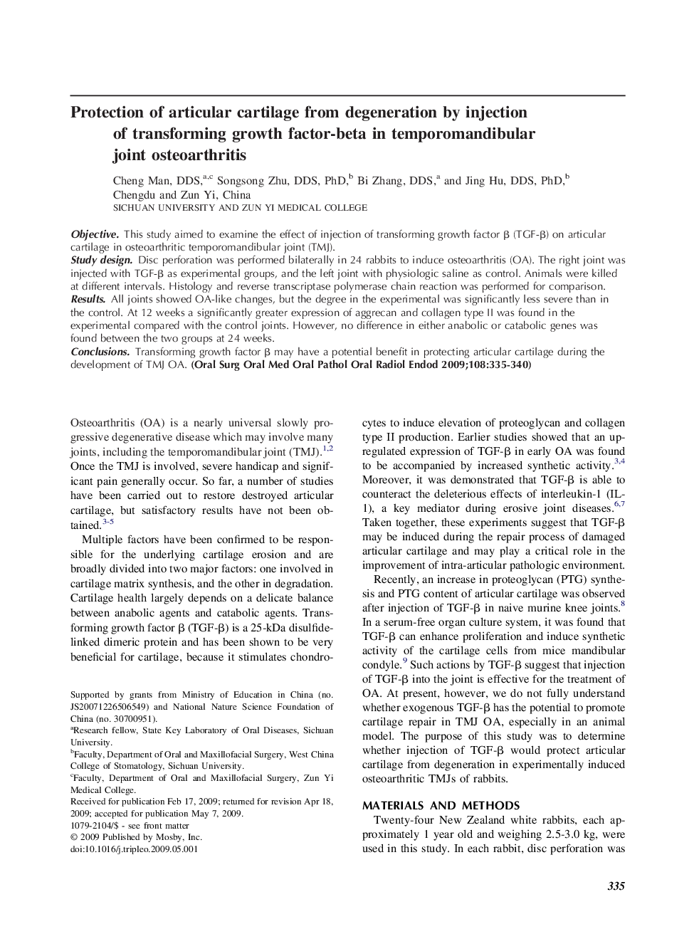 Protection of articular cartilage from degeneration by injection of transforming growth factor-beta in temporomandibular joint osteoarthritis 