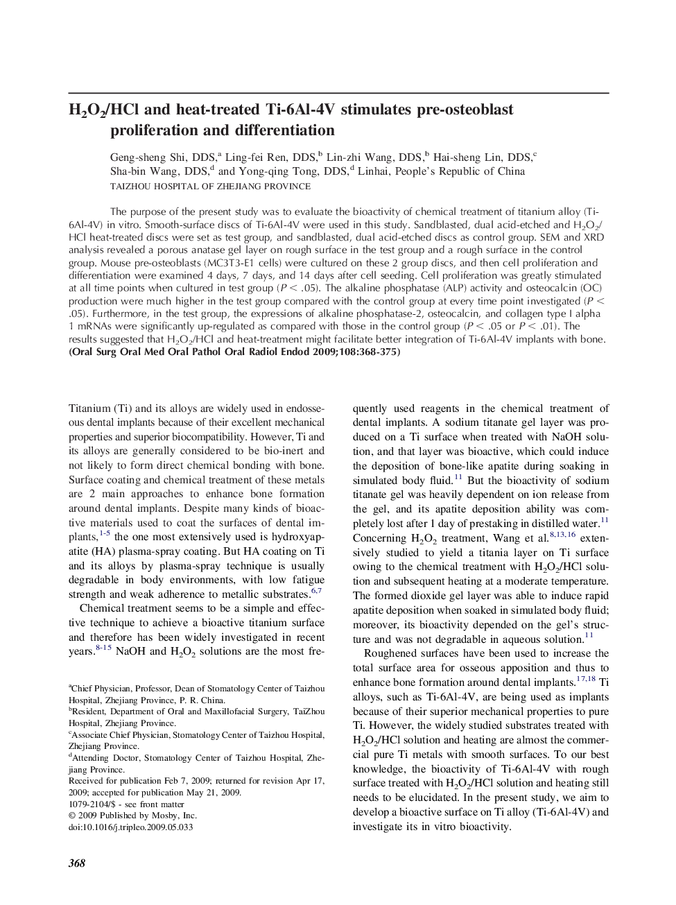 H2O2/HCl and heat-treated Ti-6Al-4V stimulates pre-osteoblast proliferation and differentiation