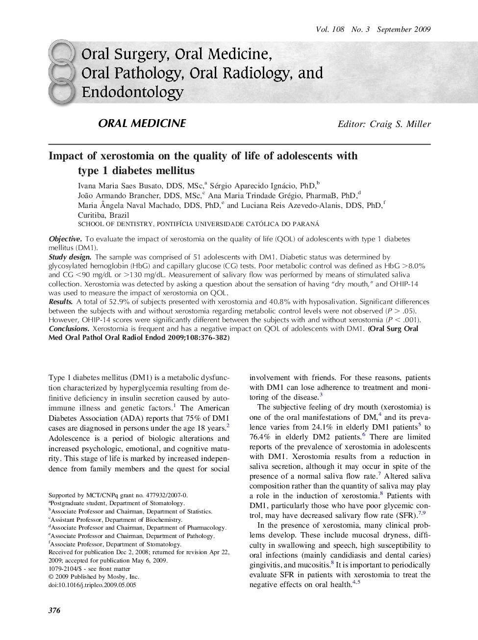 Impact of xerostomia on the quality of life of adolescents with type 1 diabetes mellitus 