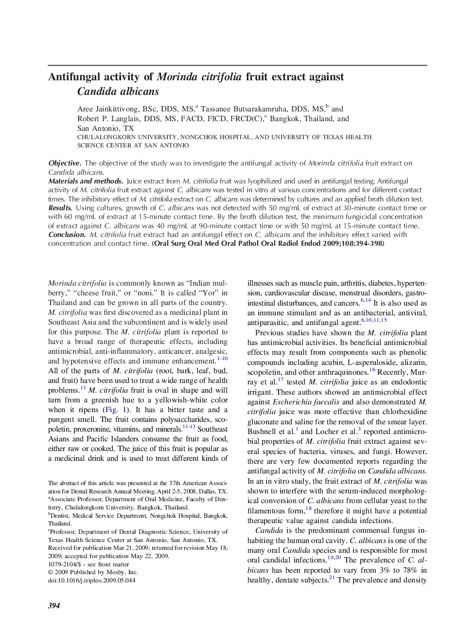 Antifungal activity of Morinda citrifolia fruit extract against Candida albicans