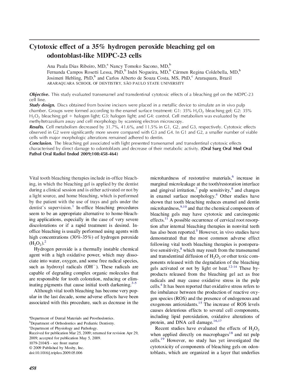 Cytotoxic effect of a 35% hydrogen peroxide bleaching gel on odontoblast-like MDPC-23 cells