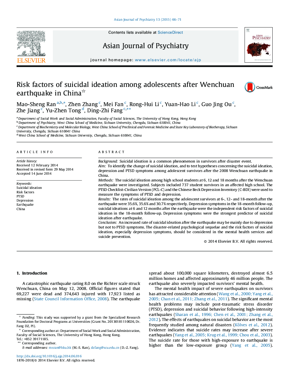 Risk factors of suicidal ideation among adolescents after Wenchuan earthquake in China 