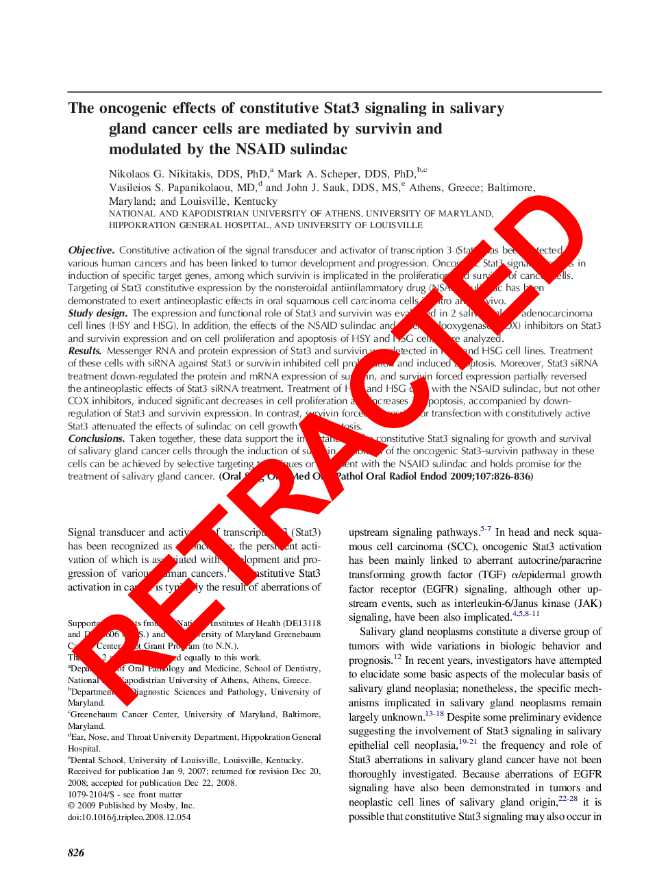 RETRACTED: The oncogenic effects of constitutive Stat3 signaling in salivary gland cancer cells are mediated by survivin and modulated by the NSAID sulindac 