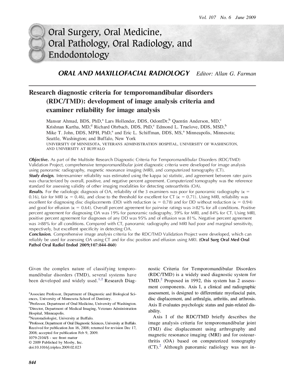 Research diagnostic criteria for temporomandibular disorders (RDC/TMD): development of image analysis criteria and examiner reliability for image analysis