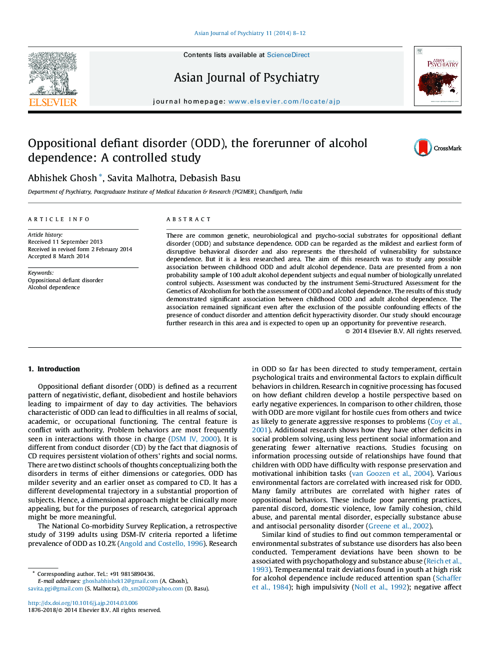 Oppositional defiant disorder (ODD), the forerunner of alcohol dependence: A controlled study