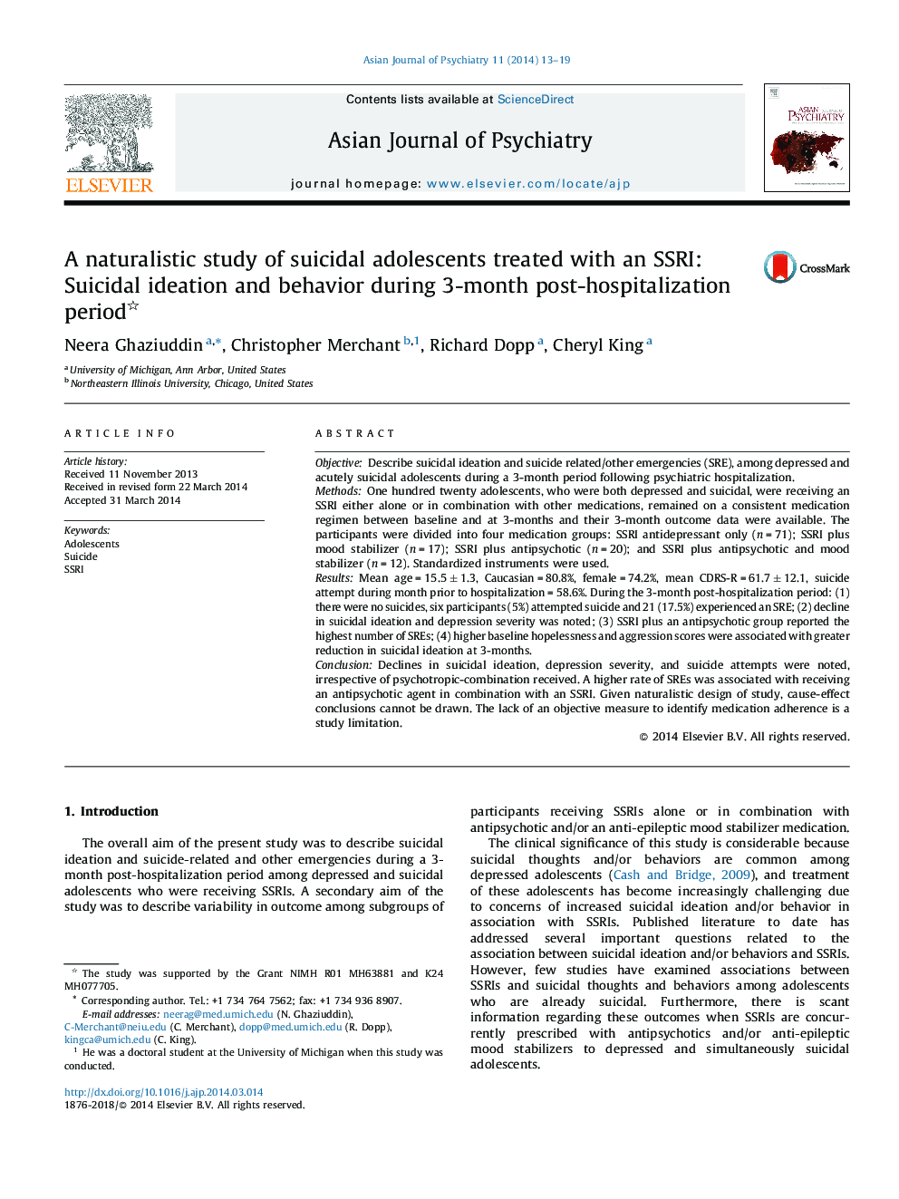 A naturalistic study of suicidal adolescents treated with an SSRI: Suicidal ideation and behavior during 3-month post-hospitalization period 