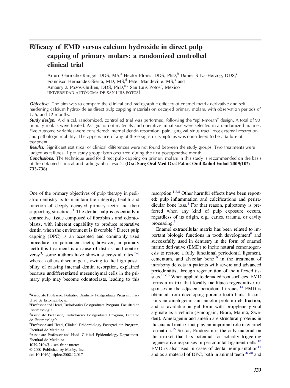 Efficacy of EMD versus calcium hydroxide in direct pulp capping of primary molars: a randomized controlled clinical trial