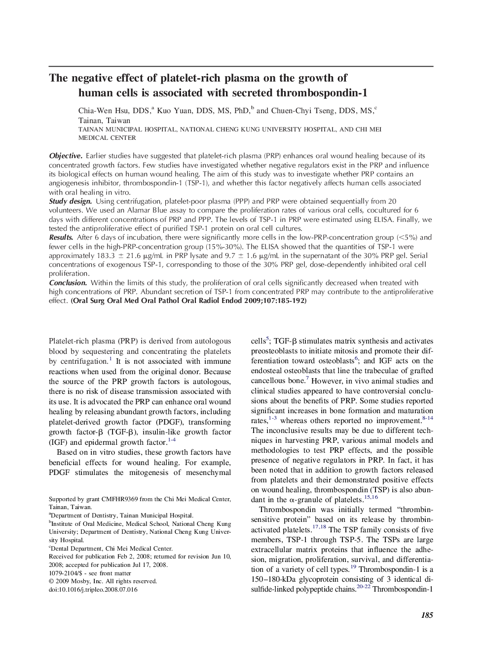 The negative effect of platelet-rich plasma on the growth of human cells is associated with secreted thrombospondin-1 