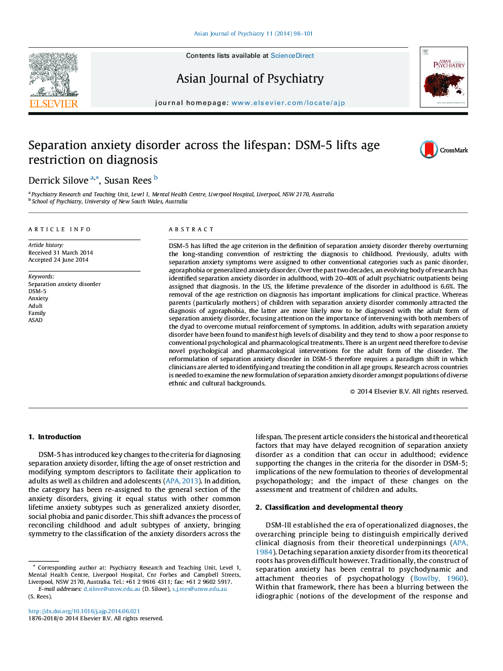 Separation anxiety disorder across the lifespan: DSM-5 lifts age restriction on diagnosis