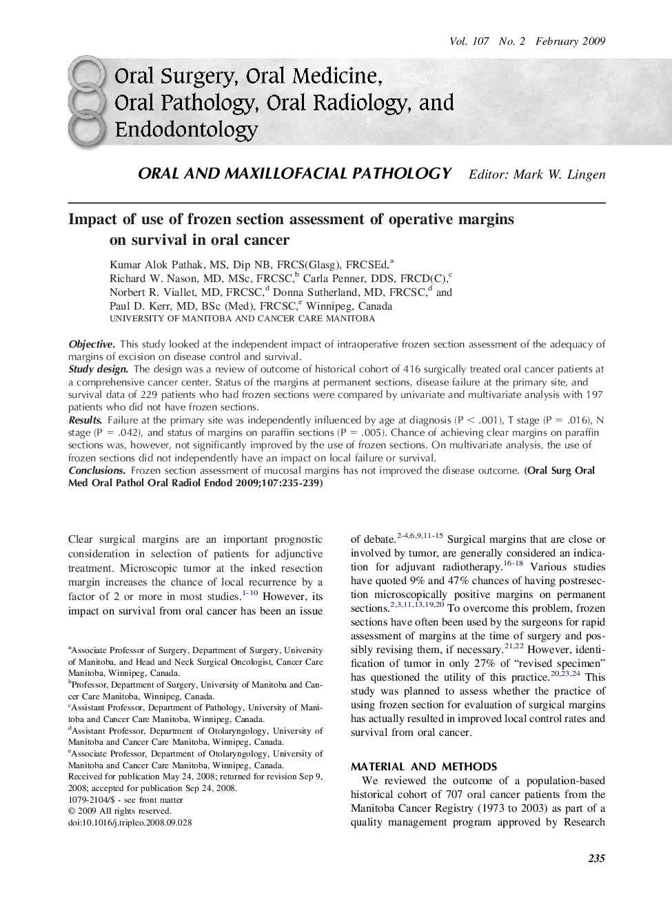 Impact of use of frozen section assessment of operative margins on survival in oral cancer