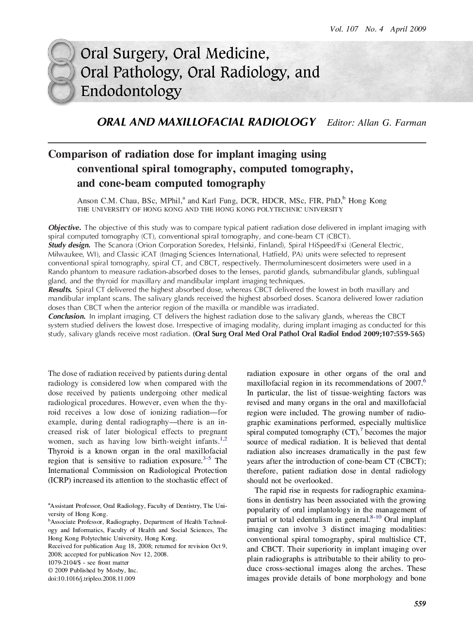 Comparison of radiation dose for implant imaging using conventional spiral tomography, computed tomography, and cone-beam computed tomography