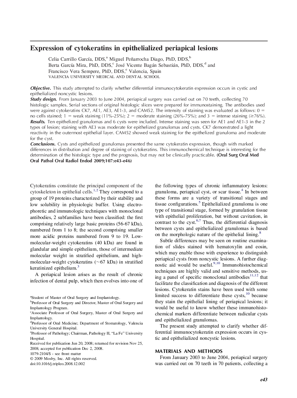 Expression of cytokeratins in epithelialized periapical lesions