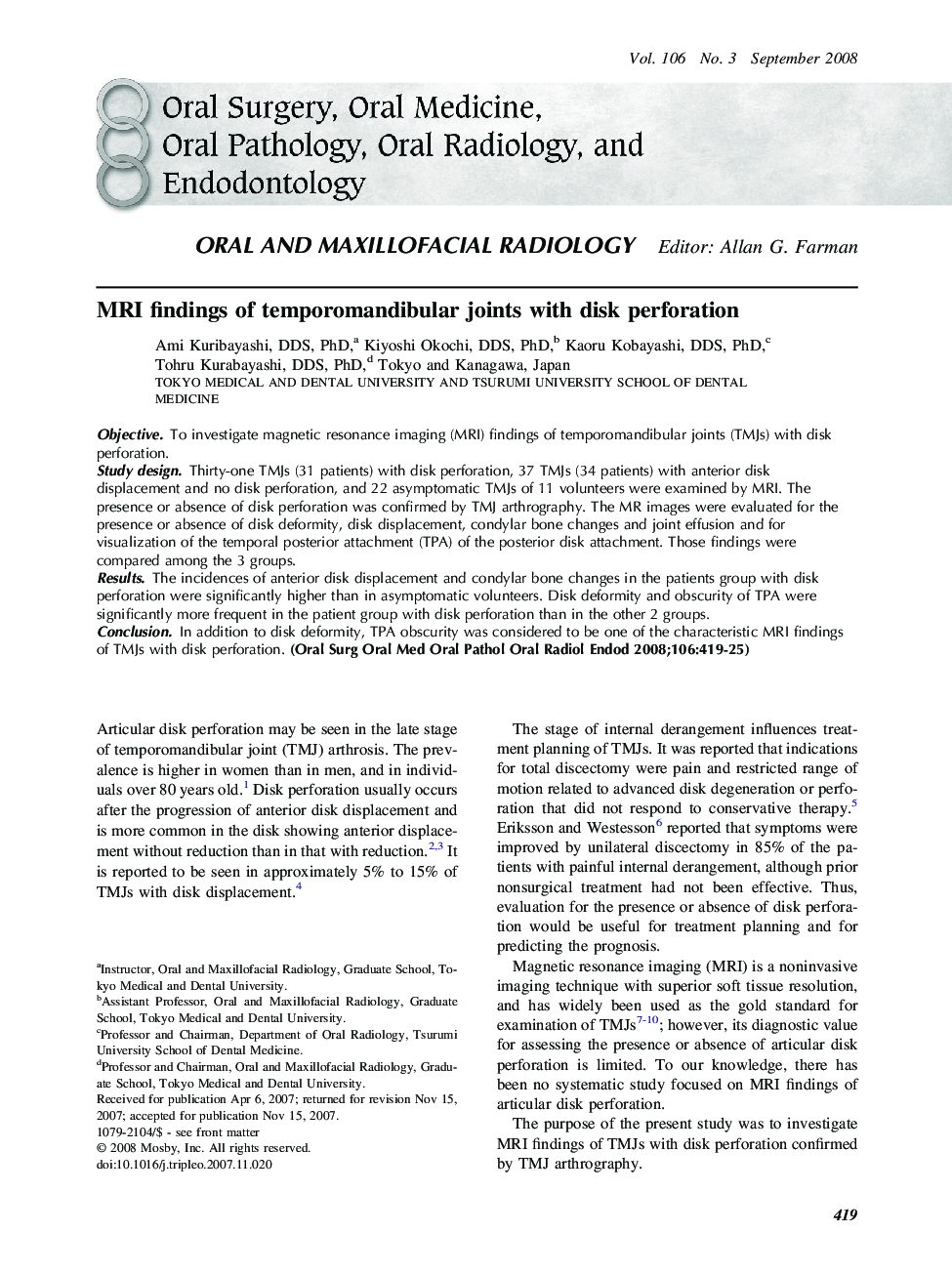 MRI findings of temporomandibular joints with disk perforation