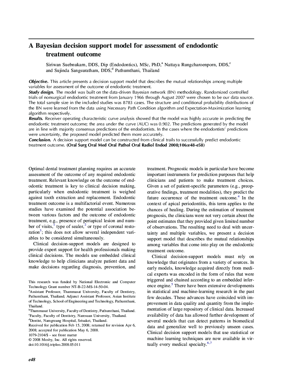 A Bayesian decision support model for assessment of endodontic treatment outcome 