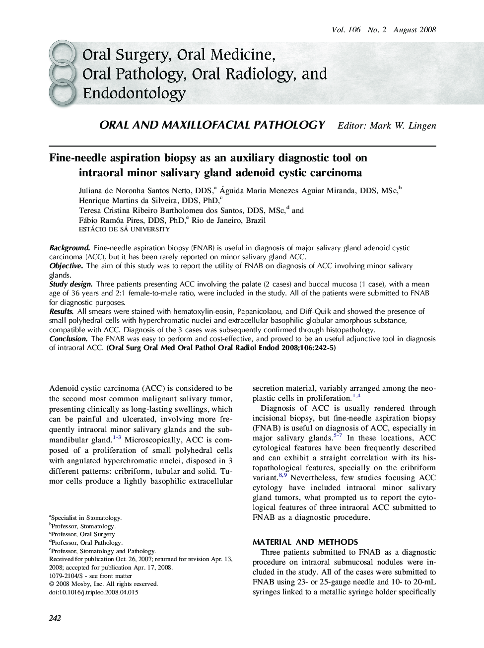 Fine-needle aspiration biopsy as an auxiliary diagnostic tool on intraoral minor salivary gland adenoid cystic carcinoma