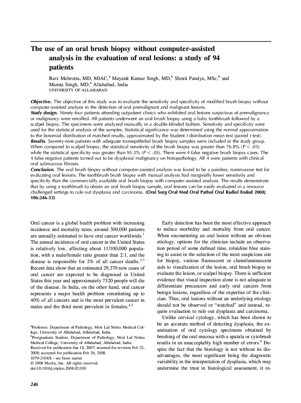 The use of an oral brush biopsy without computer-assisted analysis in the evaluation of oral lesions: a study of 94 patients