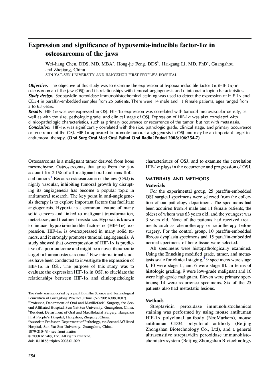 Expression and significance of hypoxemia-inducible factor-1α in osteosarcoma of the jaws 